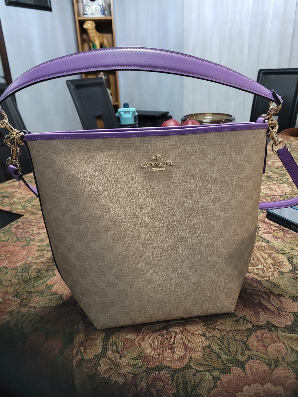 Coach Laurel Signature Canvas Bag in Beige with Purple Trim - Picture 2 of 5
